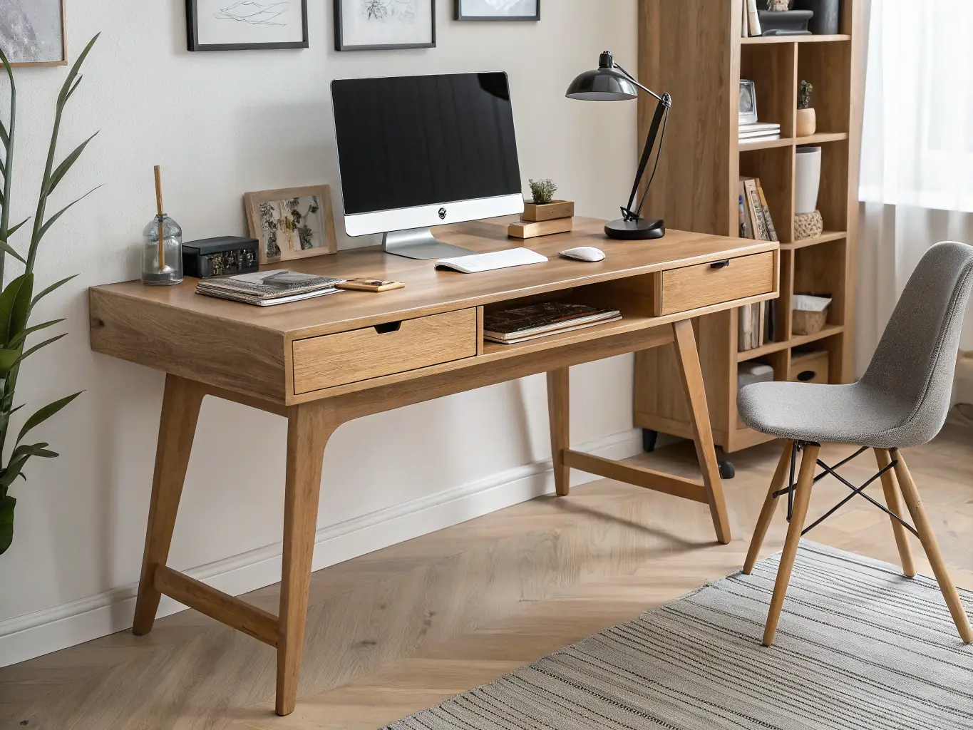 A close-up shot of the Executive Oak Desk, showcasing the rich wood grain and polished finish, with a focus on the desk's spacious surface and elegant design.